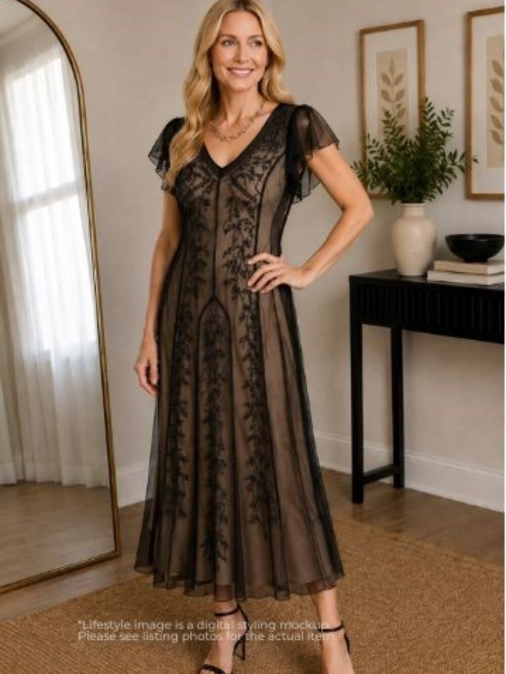 S.L. Fashions Beaded Mesh Overlay Dress Size 10 Black Nude Midi Evening Cocktail
